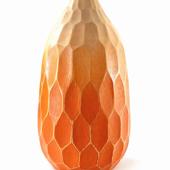 Hand Carved Wooden Decorative Vase Faceted Orange & Natural Wood Thailand 10” - Picture 2 of 7